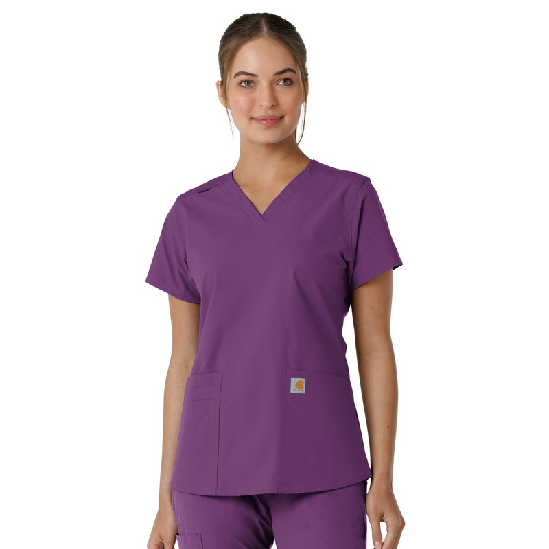 Women's Four-Pocket V-Neck Knit Panel Top - C12313 - Eggplant