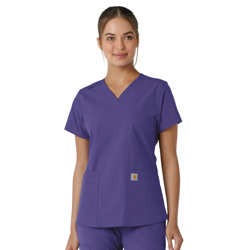 Women's Four-Pocket V-Neck Knit Panel Top - C12313 - Grape