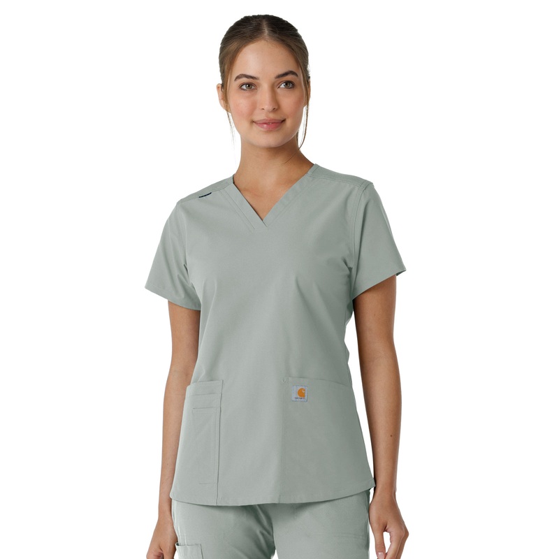 Women's Four-Pocket V-Neck Knit Panel Top - C12313 - Grey