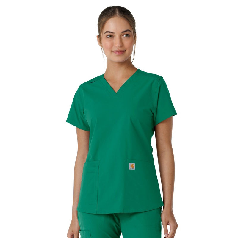 Women's Four-Pocket V-Neck Knit Panel Top - C12313 - Hunter