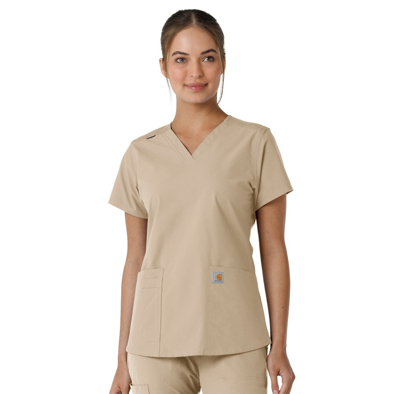 Women's Four-Pocket V-Neck Knit Panel Top - C12313 - Khaki