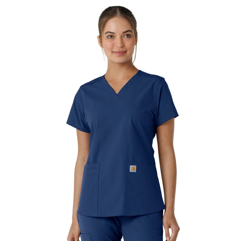 Women's Four-Pocket V-Neck Knit Panel Top - C12313 - Navy