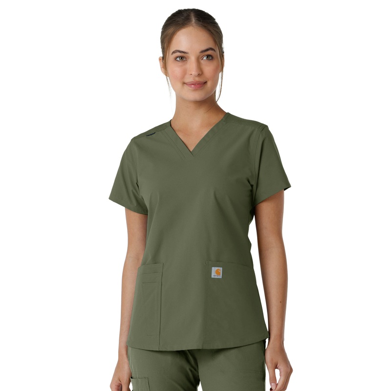 Women's Four-Pocket V-Neck Knit Panel Top - C12313 - Olive