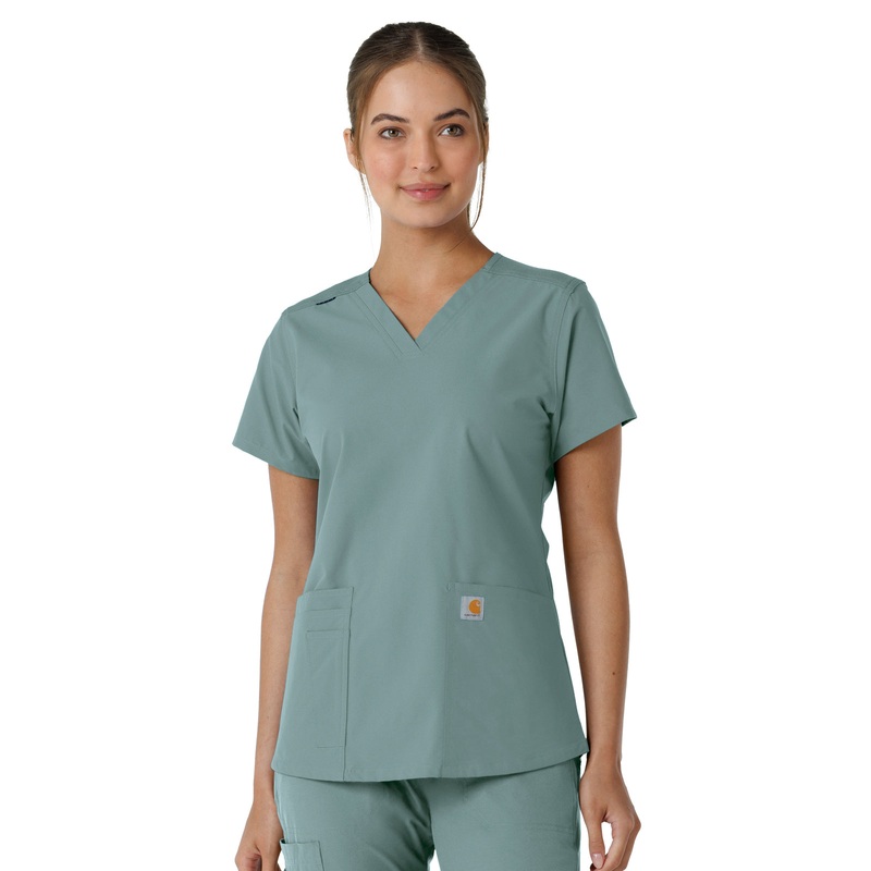 Women's Four-Pocket V-Neck Knit Panel Top - C12313 - Summer Blue