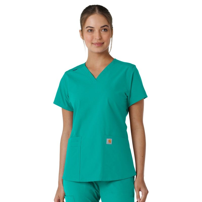 Women's Four-Pocket V-Neck Knit Panel Top - C12313 - Teal