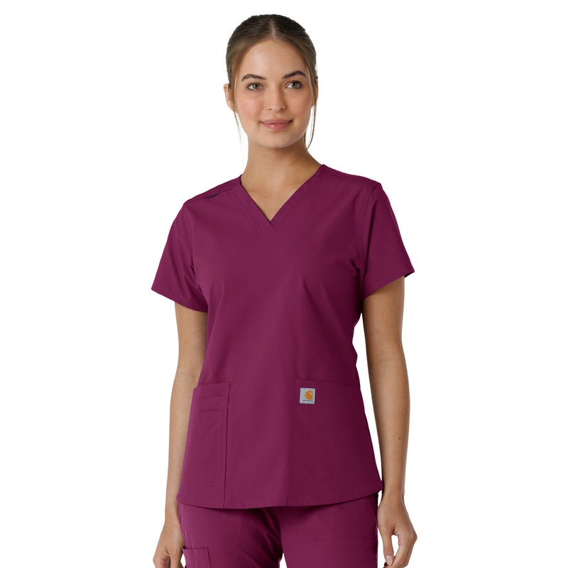 Women's Four-Pocket V-Neck Knit Panel Top - C12313 - Wine