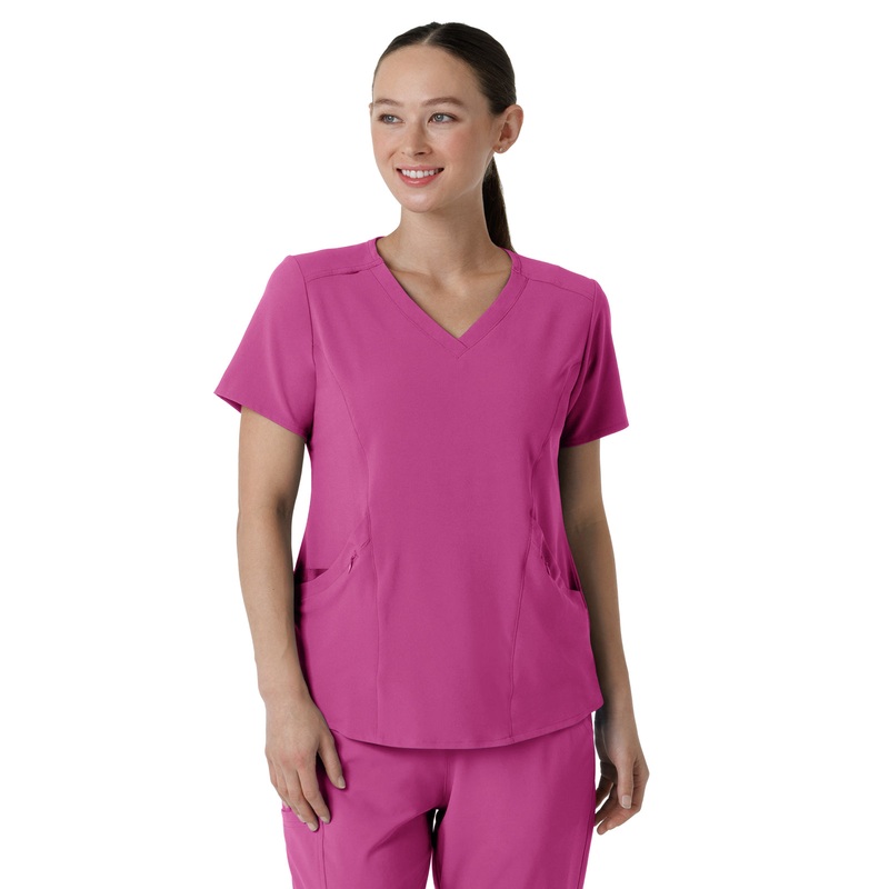 Women's Four-Pocket V-Neck Top - 6134 - Raspberry