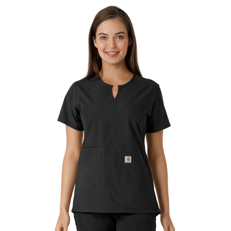 Women's Notch Neck Tunic Knit Panel Top - C12413 - Black