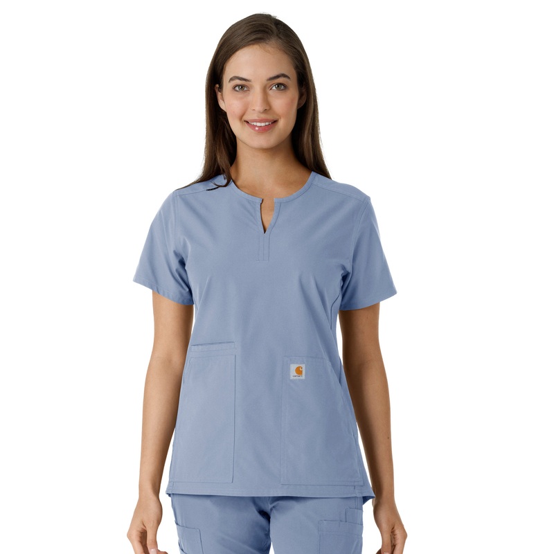 Women's Notch Neck Tunic Knit Panel Top - C12413 - Ceil Blue