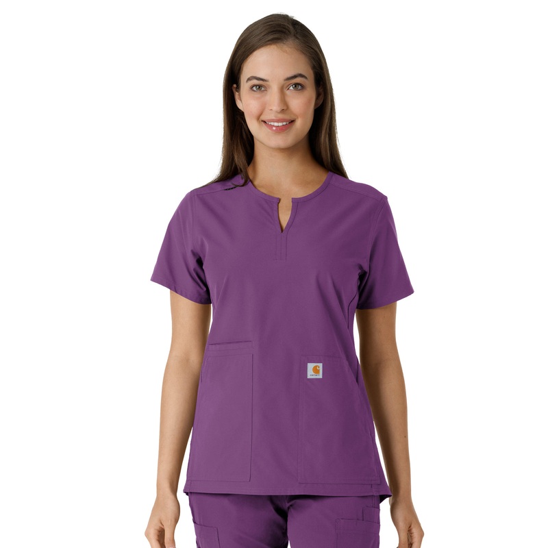 Women's Notch Neck Tunic Knit Panel Top - C12413 - Eggplant
