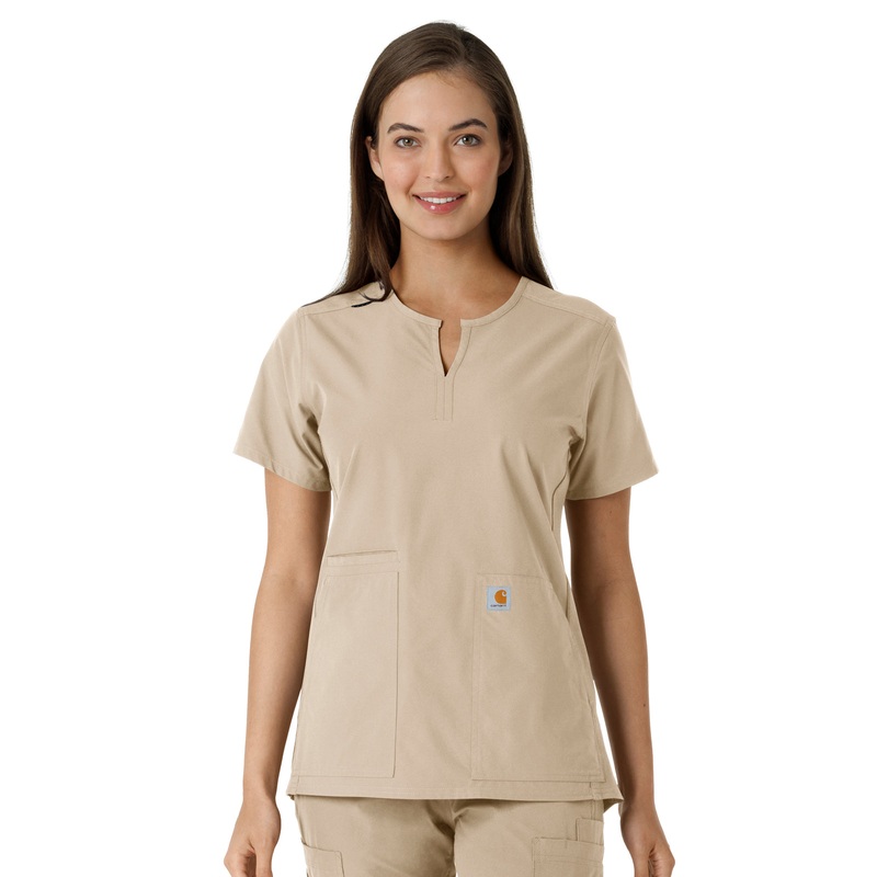 Women's Notch Neck Tunic Knit Panel Top - C12413 - Khaki