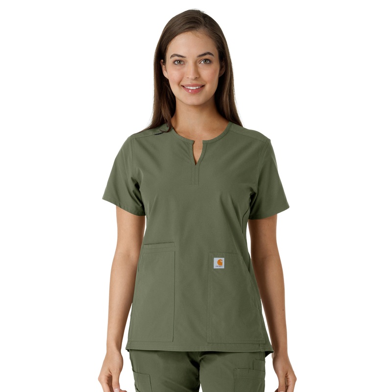 Women's Notch Neck Tunic Knit Panel Top - C12413 - Olive