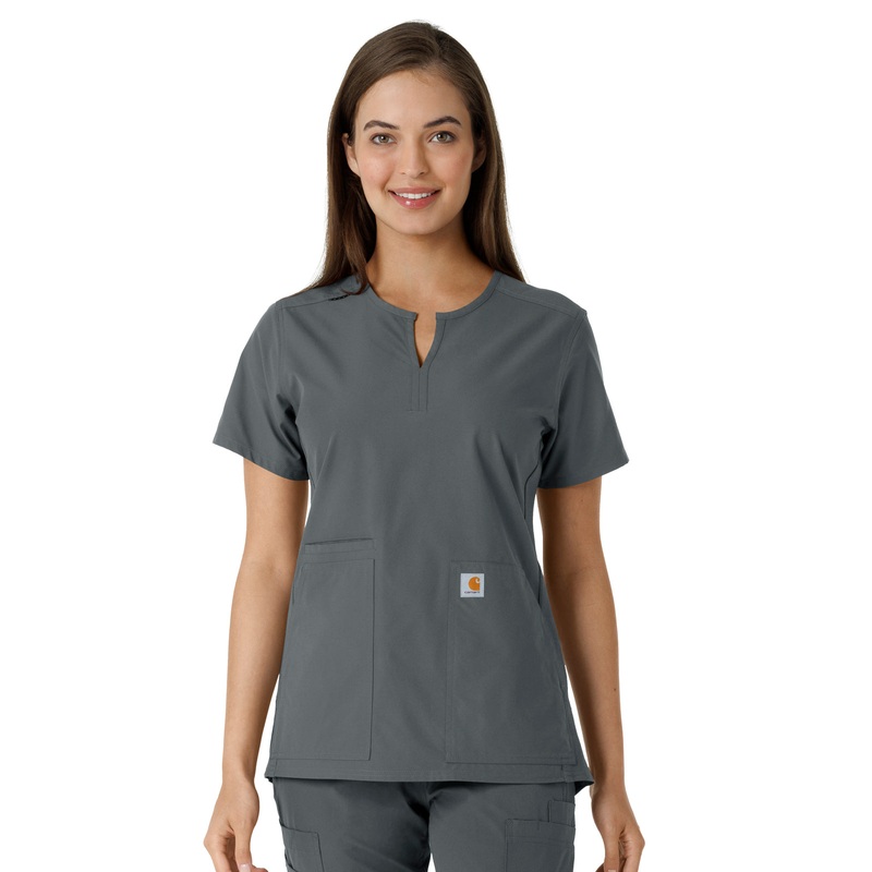 Women's Notch Neck Tunic Knit Panel Top - C12413 - Pewter