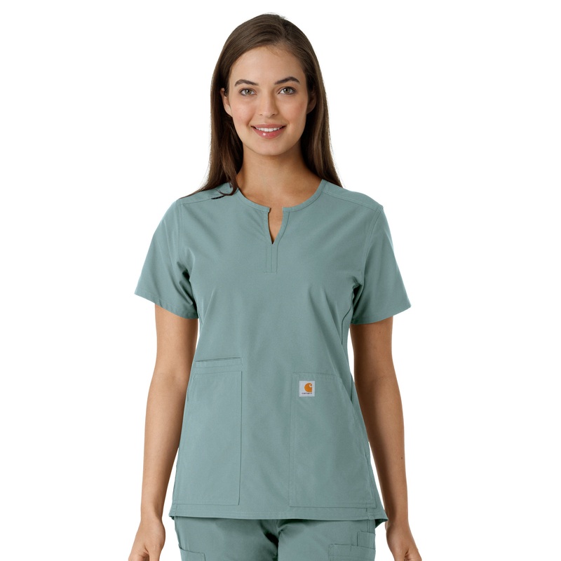 Women's Notch Neck Tunic Knit Panel Top - C12413 - Summer Blue