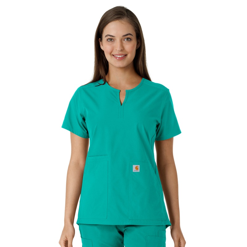 Women's Notch Neck Tunic Knit Panel Top - C12413 - Teal