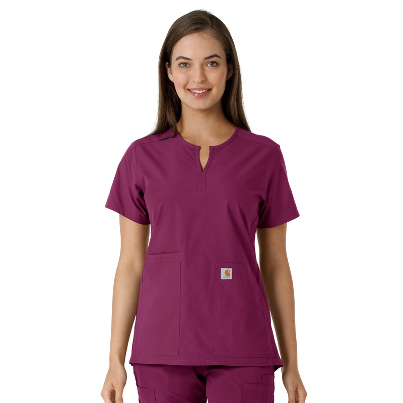 Women's Notch Neck Tunic Knit Panel Top - C12413 - Wine
