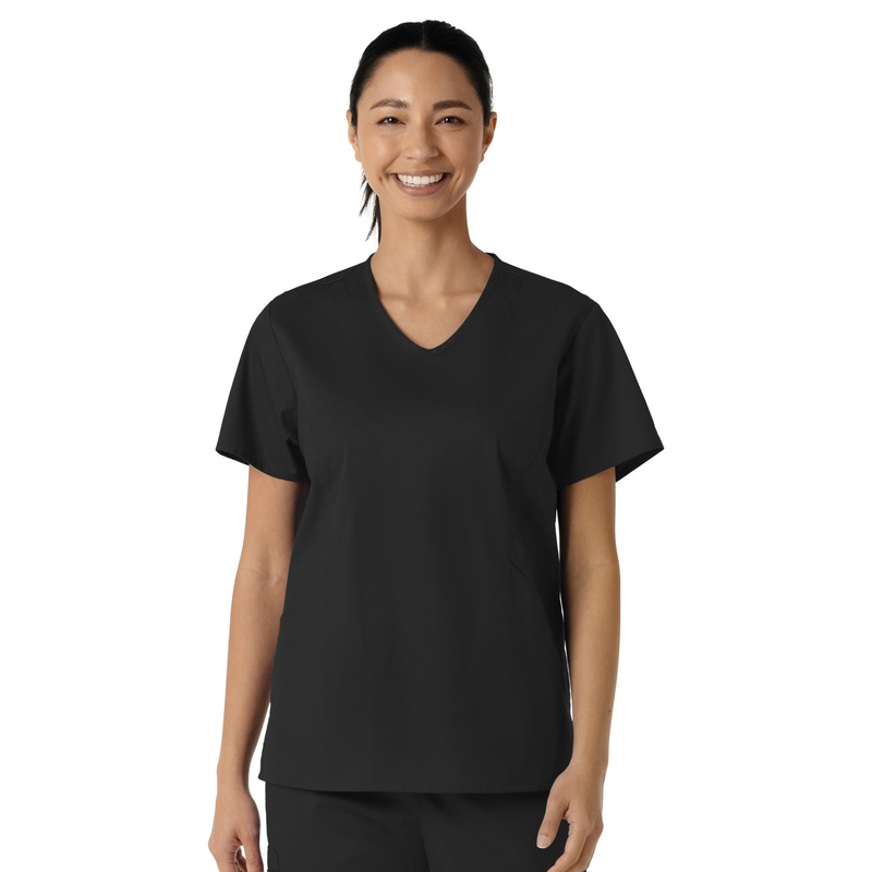 Women's Three-Pocket Curved V-Neck Top - 106 - Black