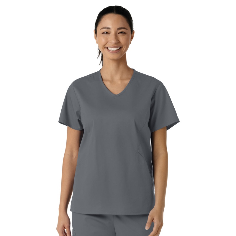 Women's Three-Pocket Curved V-Neck Top - 106 - Pewter