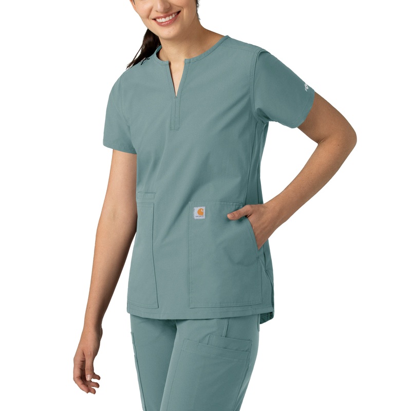 Women's Three-Pocket Modern Fit Notch Neck Top - C12213 - Summer Blue