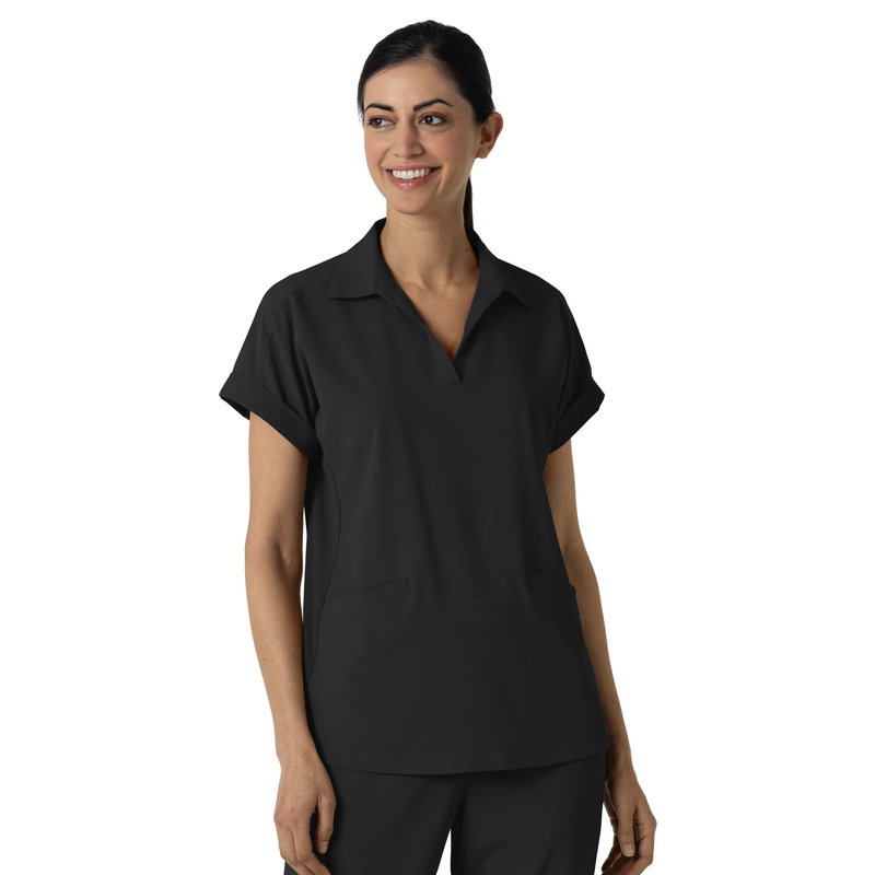 Womens Two-Pocket Flex-n-Reach Collared Top - 6934 - Black