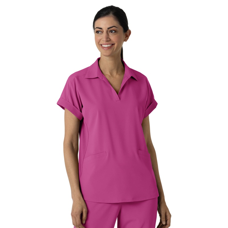 Womens Two-Pocket Flex-n-Reach Collared Top - 6934 - Raspberry