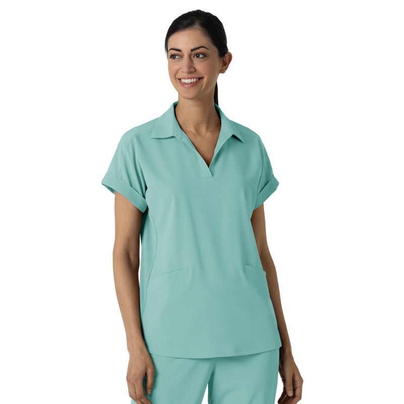Womens Two-Pocket Flex-n-Reach Collared Top - 6934 - Turquoise