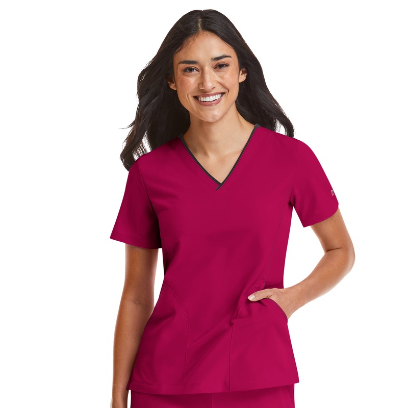 Women's Three-Pocket Contrast Stitching V-Neck Top - 4510 - Cherries Jubilee