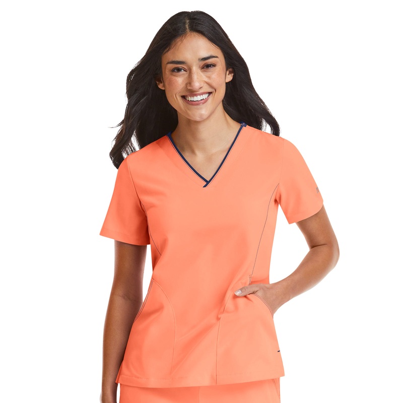 Women's Three-Pocket Contrast Stitching V-Neck Top - 4510 - Fresh Salmon