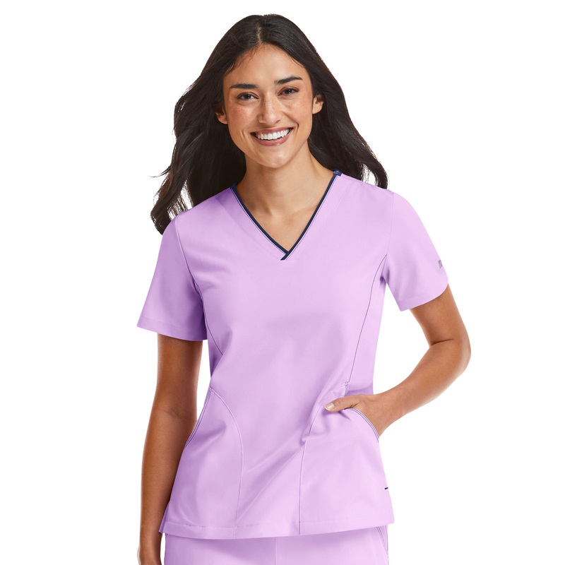 Women's Three-Pocket Contrast Stitching V-Neck Top - 4510 - Orchid Bouquet
