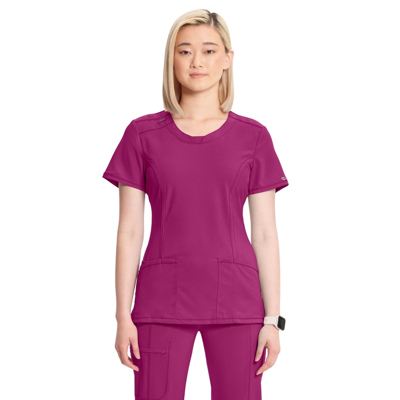 Women's Stretch Rib-knit Back Panel Round Neck Top - 2624A - Future Fuchsia