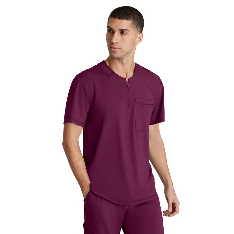 Men's Single Pocket Curved Neck Flex Top - SKT229 - Wine