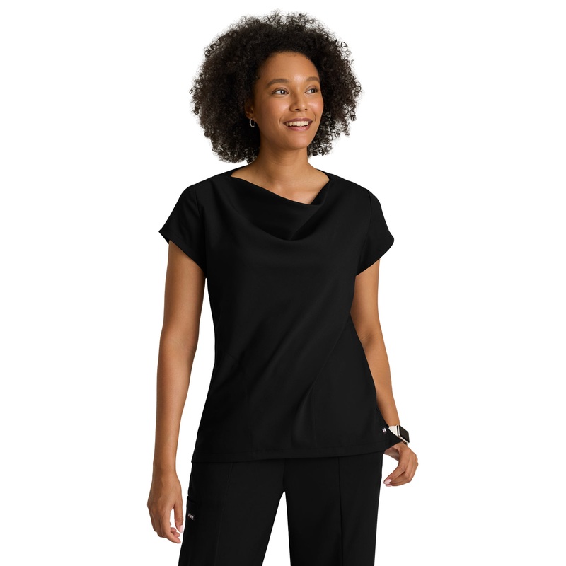 Women's Two Pocket Cowl Neck Marisol Scrub Top - GRST246 - Black