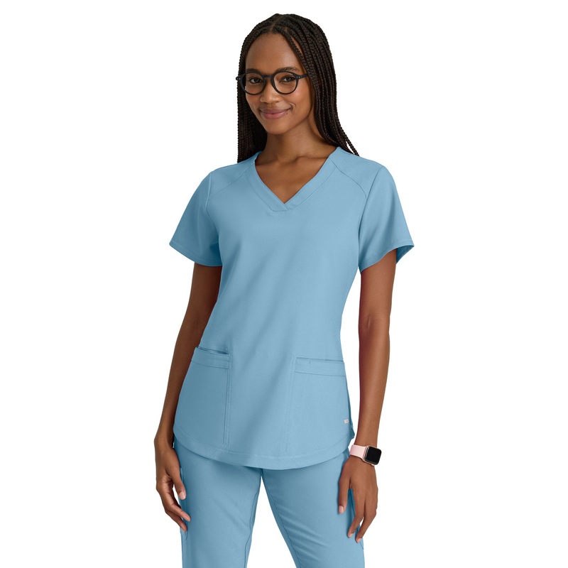 Women's Two-Pocket Piped V-Neck Rhythm Top - GSST180 - Ocean Mist